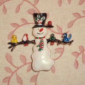 DARLING 2.25" SNOWMAN W/BIRDS PERCHED ON BRANCH ARMS-COLORFUL,CHEERFUL!EXCELLENT